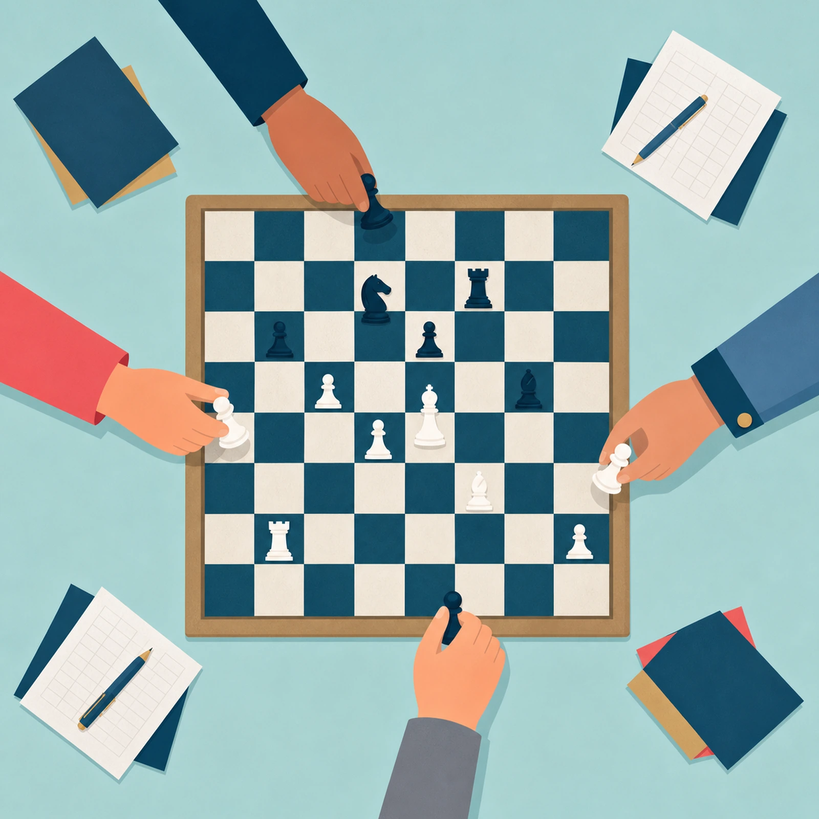 Illustration of inmates, an officer and an instructor meeting around a shared chessboard